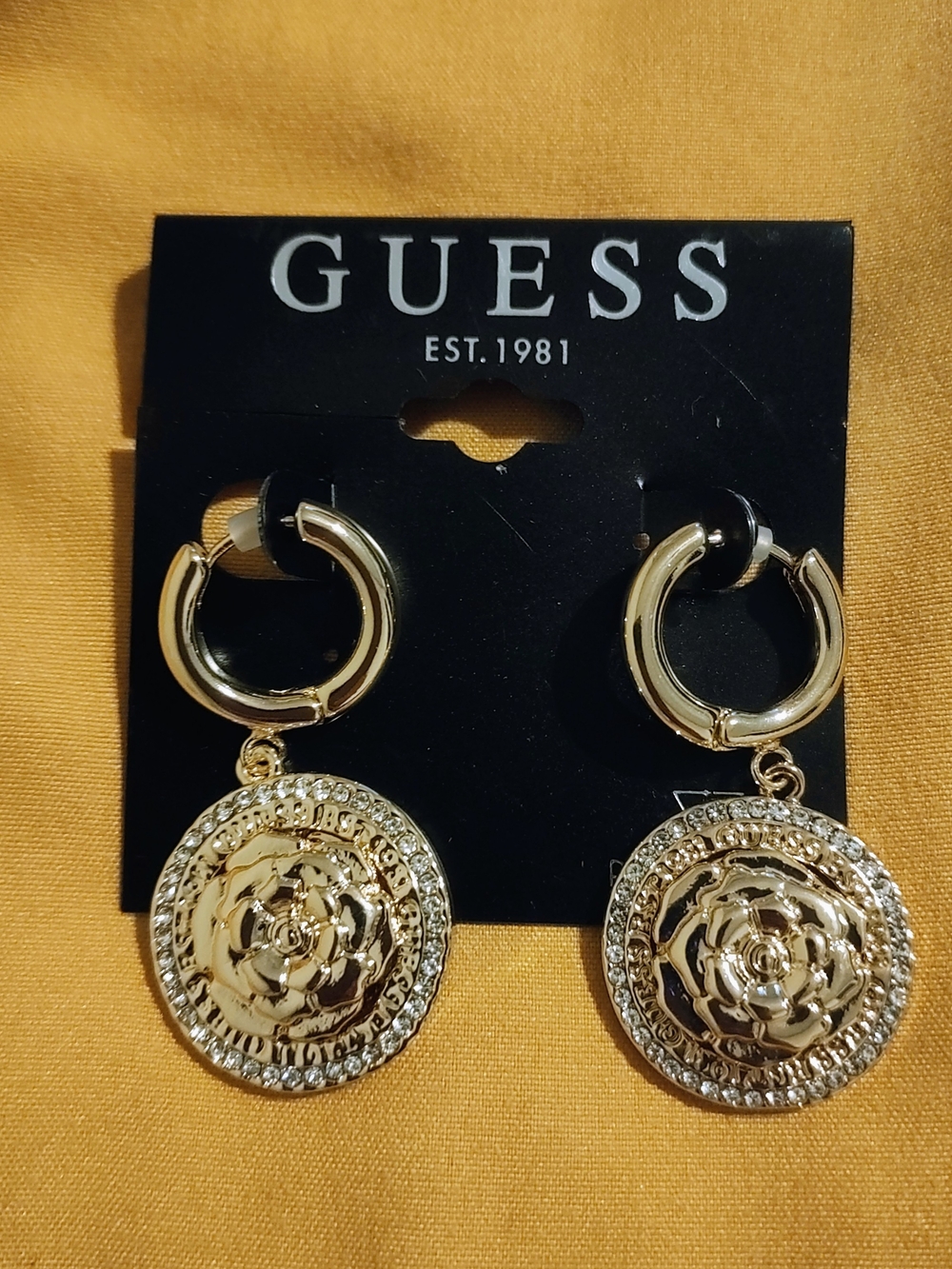 GUESS Gold Medallion Hoop Drop Earrings with Crystal Border